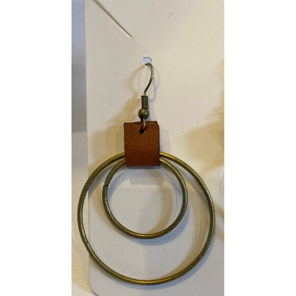 Hoop Earrings Leather Tarnished Gold Hoops Dangle Drop Boho Chic Hippie Vibe - Picture 4 of 5